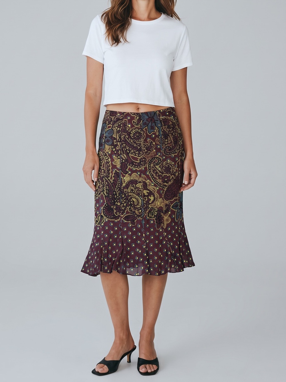 Vintage 100% Silk Jones New York Paisley Print Slip Skirt Boho Y2K Flare Size 8